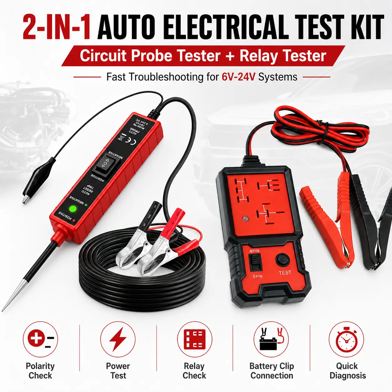 2-in-1 Automotive Electrical Test Kit - 6V-24V Max Circuit Probe Tester, 4-Pin/5-Pin Relay Tester, Power Ground Polarity Checker with Battery Clips for Cars, Trucks, 2-In-1 Tool