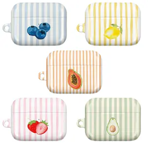Fruit Stripe AirPods Case – Cute Blueberry, Lemon, Papaya, Strawberry & Avocado Cover with Pastel Stripes for Apple AirPods Pro/Pro 2/Pro 3 & AirPods 1/2/3/4 | Colorful Kawaii Fruit Aesthetic Earbud Case, Fun Gift for Her Him