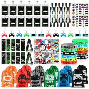 Video Game Party Favors – 124-Piece Birthday Party Supply Set, Including Drawstring Bags, VIP Passes, Silicone Wristbands, Keychains, and Temporary Tattoos – Goodie Bags for Kids and Gamers