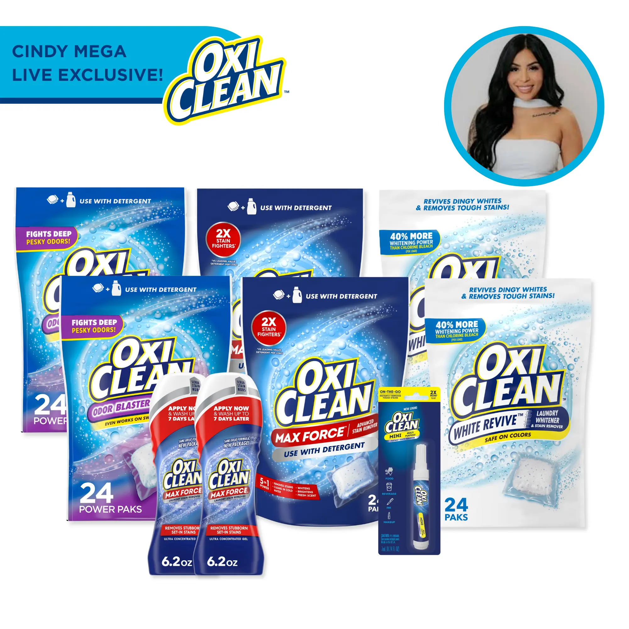 OxiClean x Cindy Mega Live Bundle! White Revive, Odor Blasters, Max Force Power Paks, Total 144 Paks, Laundry Booster Additive, Stain Fighter