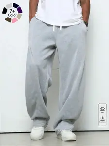Men's Solid Color Drawstring Waist Pocket Wide Leg Loose Casual Sports Pants, Gray Sports Pants, Loose Sports Pants, Men's Gray Sports Pants