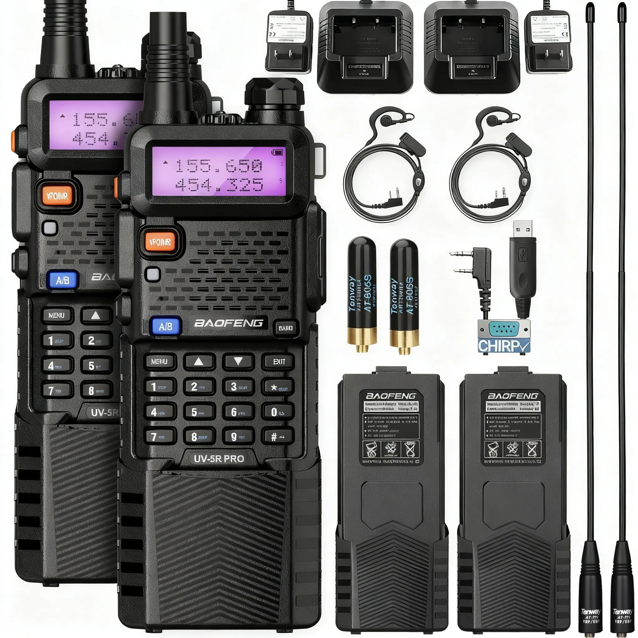 Baofeng UV-5R Pro 8W Handheld Ham Radio Walkie Talkies Kit (2-PCS) - Dual Band Walkie Talkies, 128 Channels, Long-Range 2-Way Wireless Radio, 3800mAh Rechargeable Battery, VHF/UHF Band, Included Earpiece