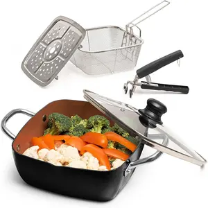 5 count Black Copper Chef Cookware Non Stick Deep Frying Pan, Fry Basket, Steamer Rack, Dishwasher  Oven Safe, 5 Qt Deep Square Pan, Induction Copper Cookware Set - 9.5" x 3.5"