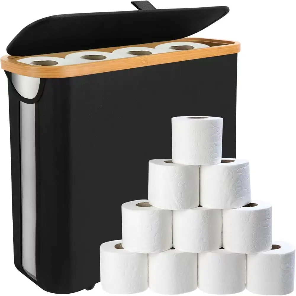 Bamboo/Oxford Water-Resistant Bathroom Organizer - Freestanding Restroom Organizer, Stackable Foldable Single-Piece Basket, Foldable to Store, Holds 12 Rolls Toilet Paper, Bathroom Necessities Holder