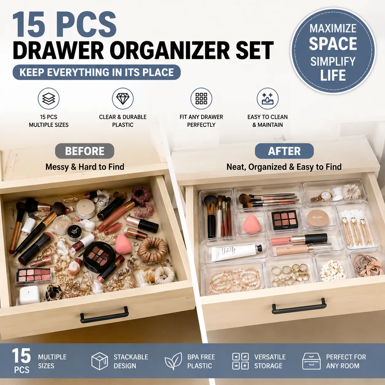 15 Pack Drawer Organizer Set, Clear Plastic Storage Bins for Kitchen Bathroom Vanity and Desk Drawers, Stackable Storage Trays