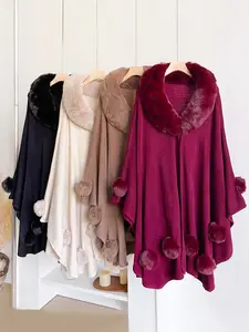 Women's Elegant Faux Fur Shawl with Puff Decorations, Fluffy Soft Scarf, Soft Comfortable Winter Accessory, Perfect Gift for Fall & Winter Seasons