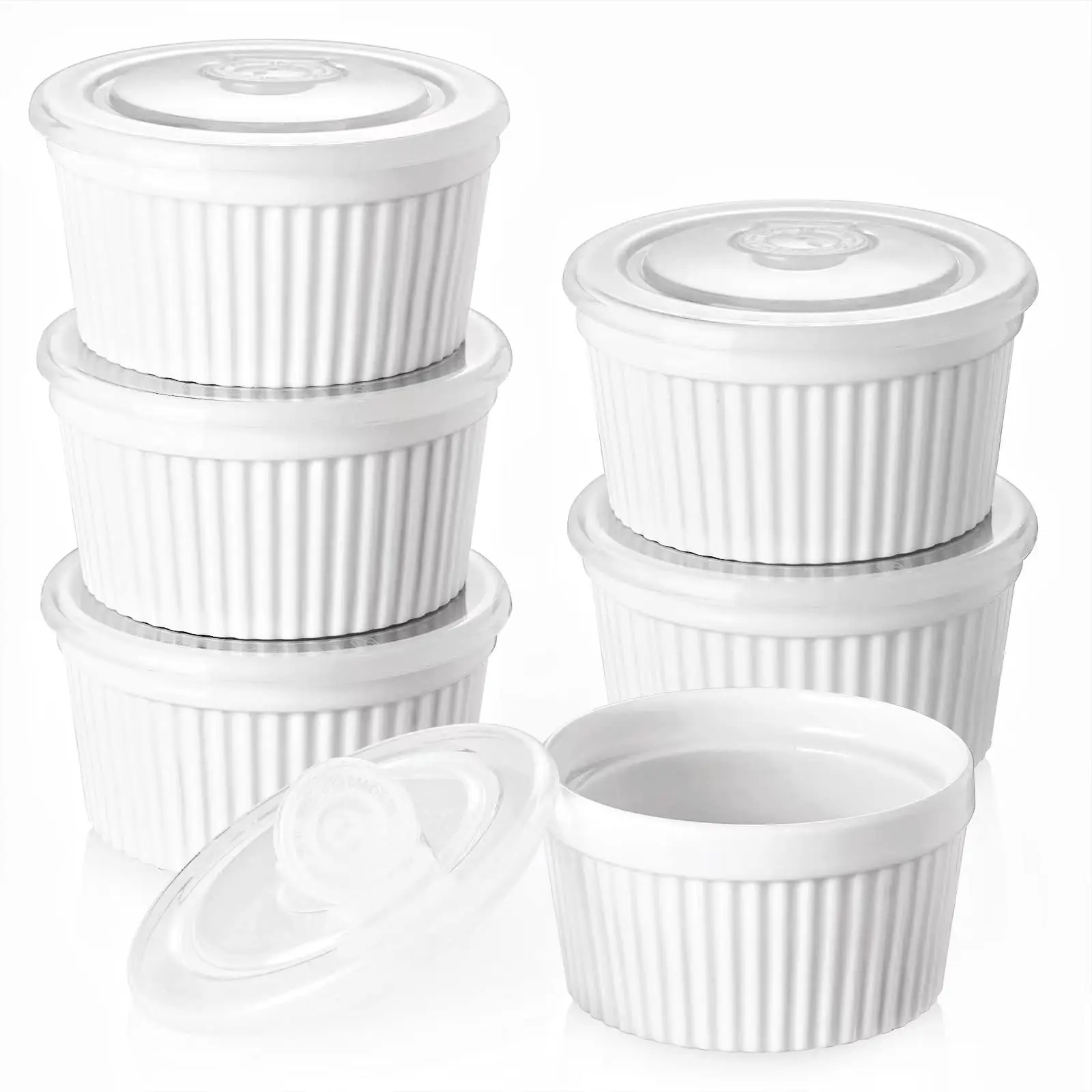 8 oz Ramekins with Lid, Porcelain Creme Brulee Souffle Dishes, White Pudding Custard Cups Ramiken for Baking, Dishwasher and Oven Safe, Set of 6