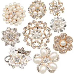 9pcs Rose Gold-Tone Rhinestone brooches, Big Pearl Crystal Wedding Bouquet kit Set Jewelry Craft