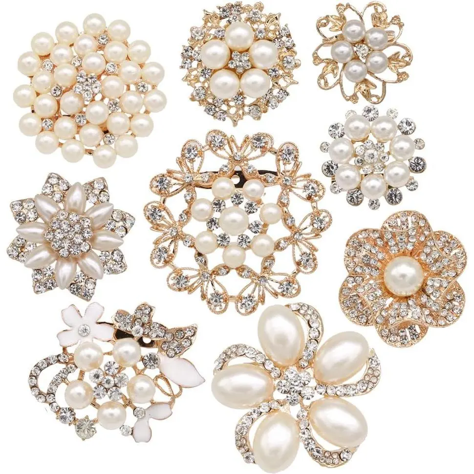 9pcs Rose Gold-Tone Rhinestone brooches, Big Pearl Crystal Wedding Bouquet kit Set Jewelry Craft