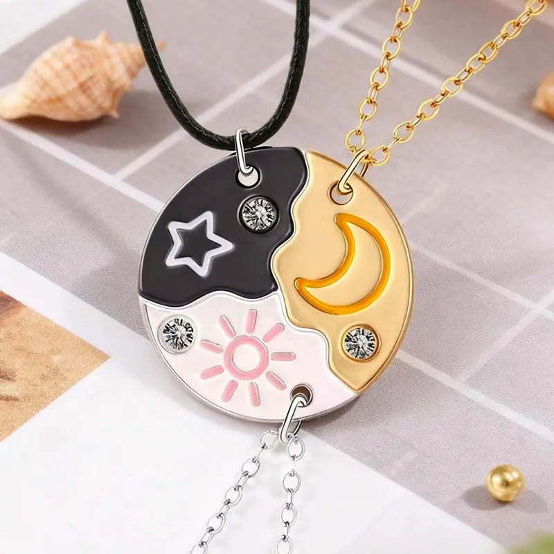 Female Magnetic Sun-Moon-Star Puzzle Necklaces - 3-Piece & 4-Piece Sets with Cloud & Rhinestone Details, Daily BFF Friendship Gift for Best Friends/Sisters (Birthday, Anniversary), Happy Birthday, Set Of 3/4
