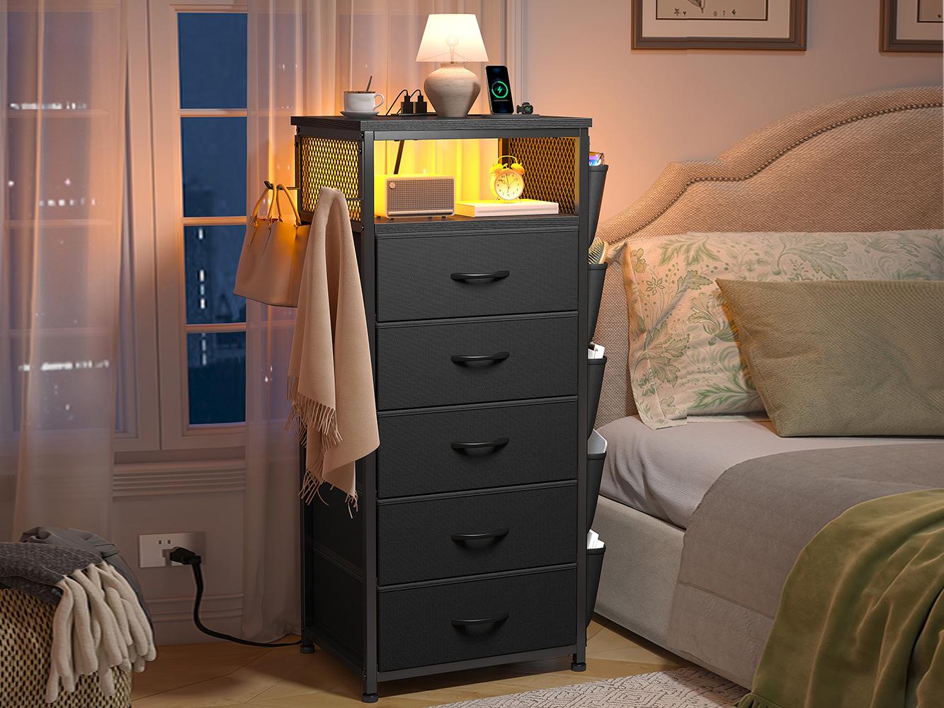 Raybee 37.5" Tall LED Night Stand with 5 Drawers for Tall Bed, Black Narrow Dresser with Charging Station for Living Room, Night End Table with Extra Side Bag & Hooks, Bedside Table with Power Stripe, Bedroom, Closet, Hallway, Entryway, White, Brown