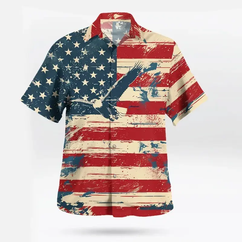 Retro American Flag Hawaiian Shirt, US Flag Style Tropical Short Sleeve Shirt, Summer Aloha Button Down Shirt, Gift for Him or Her