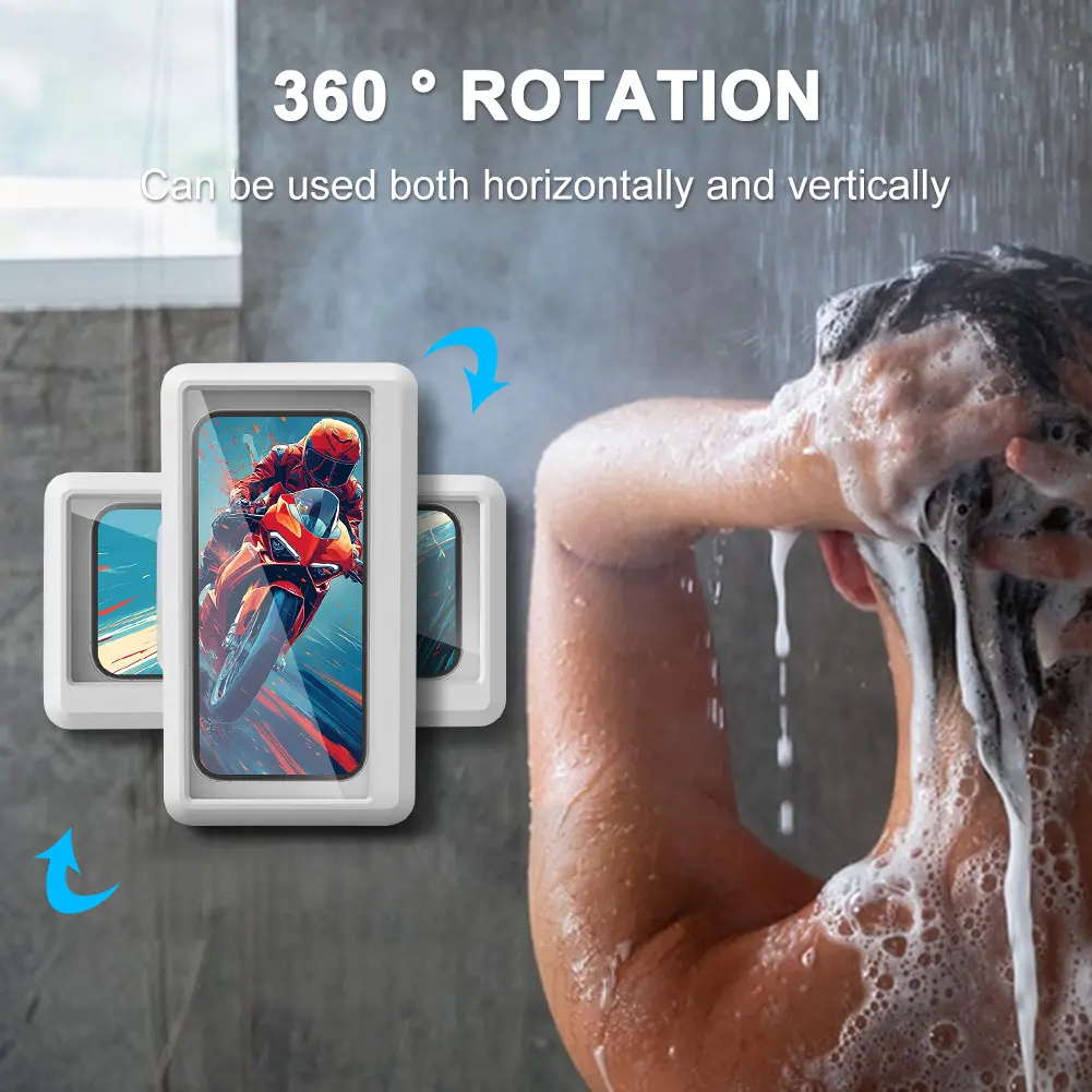 Waterproof Shower Smartphone Holder, Anti-Fog Transparent Touch Screen Wall Mount Shell, 360° Rotatable Punch-Free ABS Phone Protection Case for Bathroom Up to 7in (Mobile Phone Accessories), Cellphone