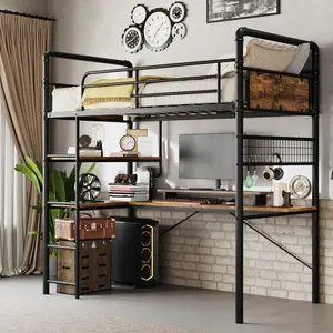 Twin Metal Loft Bed with L-Shaped Desk, Heavy-Duty Steel Frame High Bed with Guardrails & Storage Shelves, Space-Saving Loft Bed for Kids Teens Adults Dorm Room, No Box Spring Needed