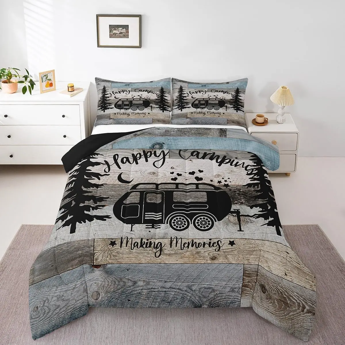 Feelyou Rustic Farmhouse Microfiber Duvet Set - Lightweight, Machine Washable Duvet with Black Sketch Vintage Old Barn Door Design for Camping, Camper Bedding, Lightweight Duvet