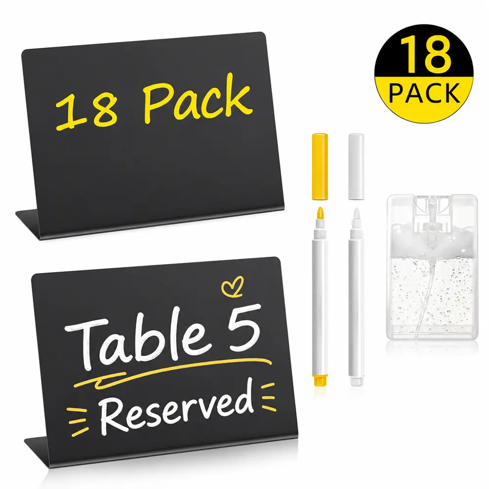 18-Pack 4"x3" Matte Black Mini Chalkboard Signs - Durable Tabletop Food Labels for Bakeries, Home Gatherings, Parties, Easy to Write & Erase, Includes 1 Cleaning Spray & 2 Markers