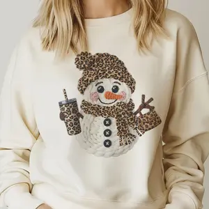 Winter Snowman Leopard  Knit Print Sweatshirt Cute Crochet Print Frosty Snowman Pullover Womens Casual Sublimation Print Crewneck Sweater