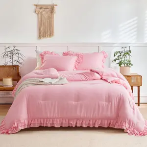 Pink Ruffled Comforter Set  Size, 3 count (1 Ruffled Comforter and 2 Pillowcases) Farmhouse Shabby Chic Style with 2 Layers Ruffle, Solid Color Lightweight Soft Fluffy Bedding Sets for Girls
