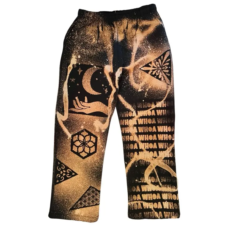 Black Acid Wash Bleach Custom Made Sweatpants with Unique Stencil Design Handmade to Order San Diego Origin Personalized Outerwear