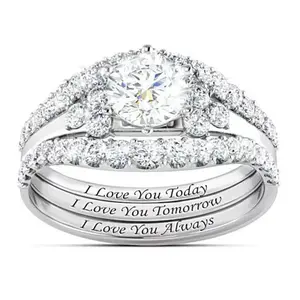 Women's Elegant Zircon 3-Piece Statement Ring Set - "I Love You" English Letter Artificial Gemstone Accessory, Unique Engagement Wedding Ring Stack, Trendy Jewellery Accessories Zirconia Inlaid Heart Teller Rings