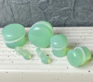 PAIR Green Opalite Single Flare Plugs Stone Glass Earlets Gauges Body Jewelry