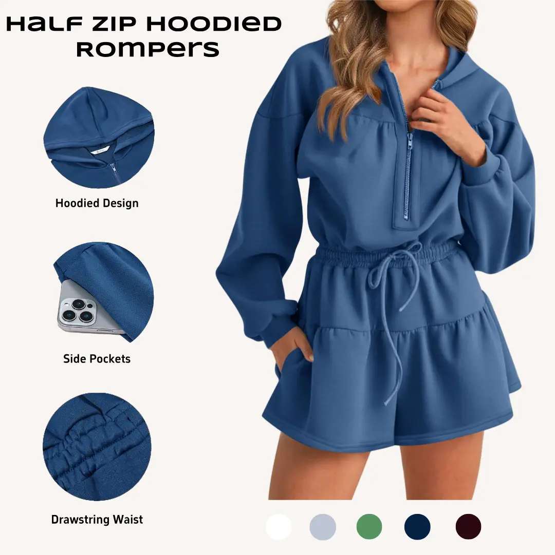 Imily Bela Womens Rompers Casual One Piece Outfits Half Zip Long Sleeve Hoodies Casual Shorts Drawstring Waist Jumpsuits