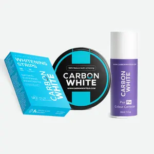 Carbon White - Teeth Whitening Starter Kit – Purple Serum + Charcoal Powder + Whitening Strips – Natural, Daily, Instant Brightening