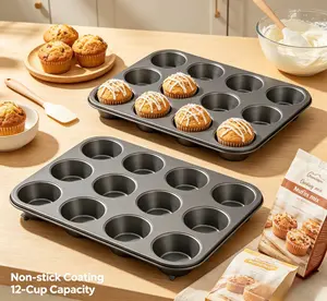 2‑Pack Non‑Stick Steel Muffin Pan Set with 200Pcs Cupcake Liners, 12‑Cup Cupcake Baking Tray 13.9×10.55 Inch, Heavy‑Duty Bakeware for Muffins, Egg Bites, Brownies & Homemade Baking