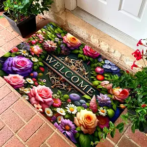 1pc Vibrant Floral Welcome Mat Non-Slip Polyester Floor Mat with Colorful Roses & Daisies Lightweight & Machine-Made Ideal for Indoor/Outdoor Entrance Kitchen or Bathroom Indoor Welcome Mat Floral Pattern Mat Nonslip Backing Floral Welcome Mat