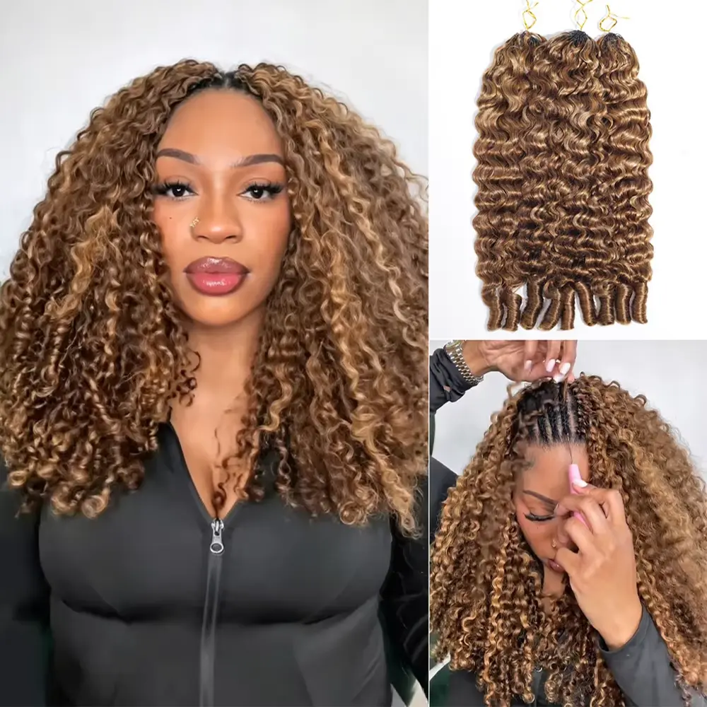 Bling Hair Burmese Curly Highlight Miracle Knots Feather Crochet Human Hair For Braiding 100% Human Hair Extensions Knotless Boho Braids Crochet Hair,12~20Inch Pre-Separated 4/27 Omber Highlight Burmese Curly Hair Bundles For Women
