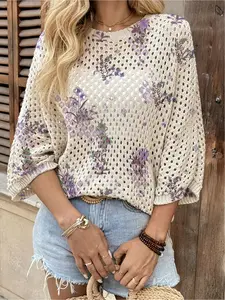 Spring/Summer collection, crew neck hollow-out loose batwing raglan sleeve cover-up, color-block botanical print women's knitted top, vacation style, casual, bikini cover-up, Swimsuit Cover Ups, Swimwear cover up, Beach Cover Up