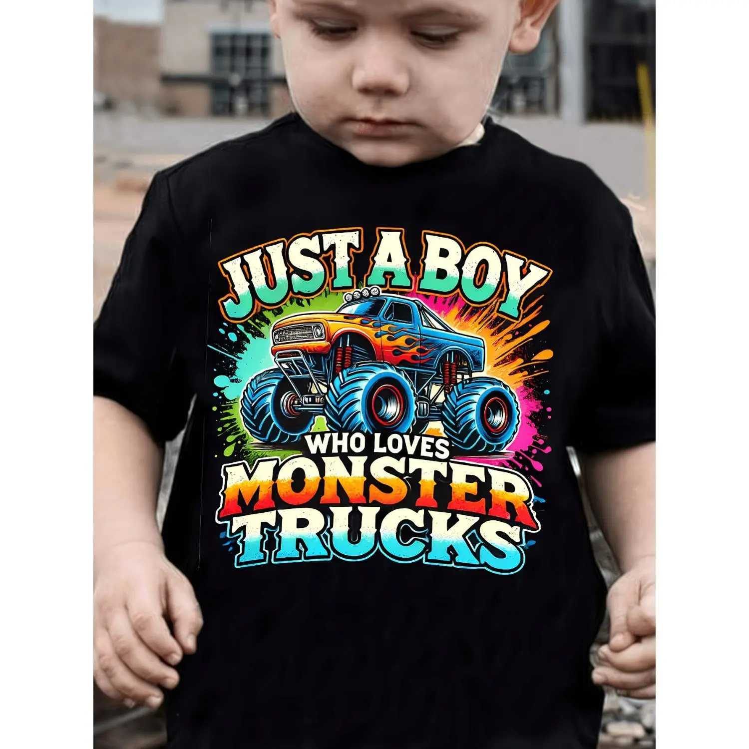 Boys' Breathable Monster Truck Print Casual Round Neck T-shirt, "Just A Boy Who Loves Trucks" Design, Style TX31220, Quality, Graphic Printed Tee, Cute Shirts, Cartoon Style, Relaxed Cut, Soft Cotton, Comfy Quality Shirt, Graphic Tees