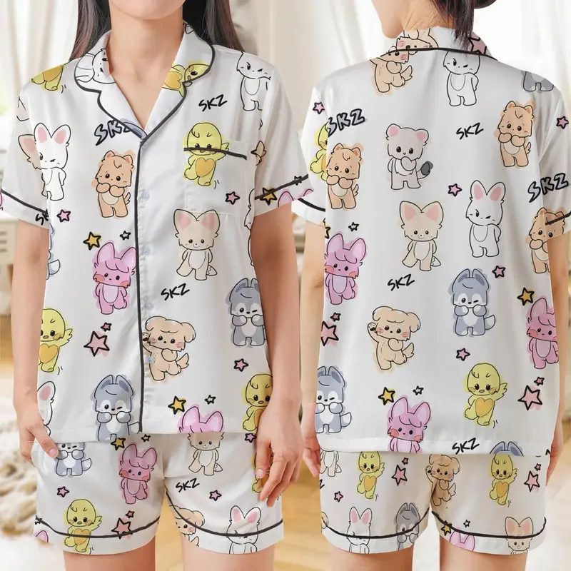 Kawaii SKZ Short-Sleeve Pajamas Set, Cute Animal Sleepwear, Gift For Fan, Kpop Music Pjs, Kpop Boy Group 2025