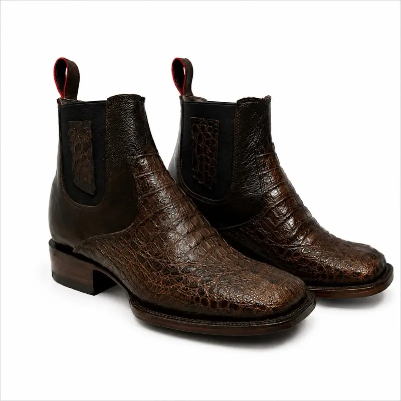 Men’s western Chelsea boot square toe  100% cowhide leather caiman neck print footwear