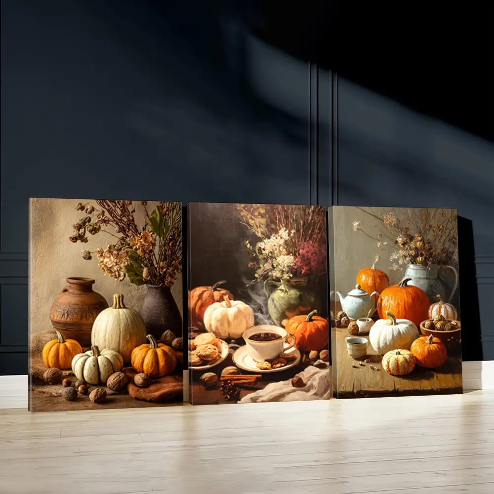 3pcs Cozy Autumn Wall Art, Festive Vibes Poster, Harvest Time Art Prints, Seasonal Warmth Home Decor, Autumn Wall Paintings, Modern Canvas Posters Wall Arts, Decor For Living Room, Restaurant, Kitchen, Bedroom，With Frame