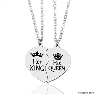 Stainless Steel "Her King His Queen" Heart Pendant Matching Couple Necklaces, Romantic Fashion Accessory Gift for Boyfriend, Girlfriend, Men, Couples, Husband and Wife, Gifts For Boyfriend, Cute Gifts For Girlfriend