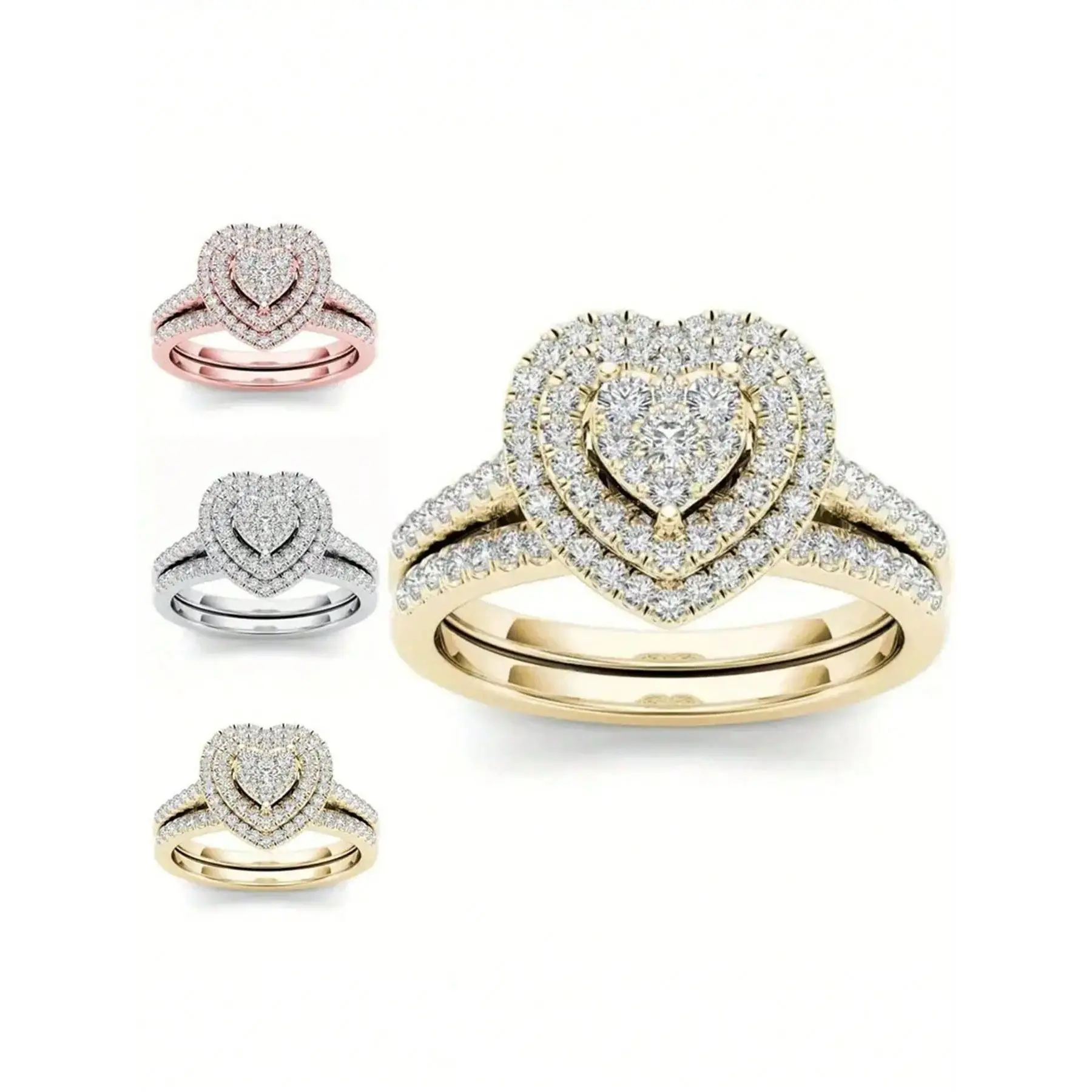 Fashionable Full-Diamond Heart-Shaped Zinc Alloy Rhinestone Ring Set-the perfect engagement gift and a stylish accessory for any occasion, featuring a heart-shaped ring and a heart-shaped cluster-set ring