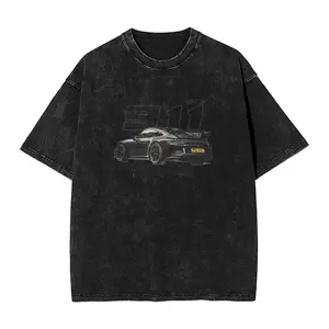 Racing Tshirt Unisex Fit Washed Cotton T-Shirt Oversize Menswear Tops  Streetwear Round Neck Tshirt