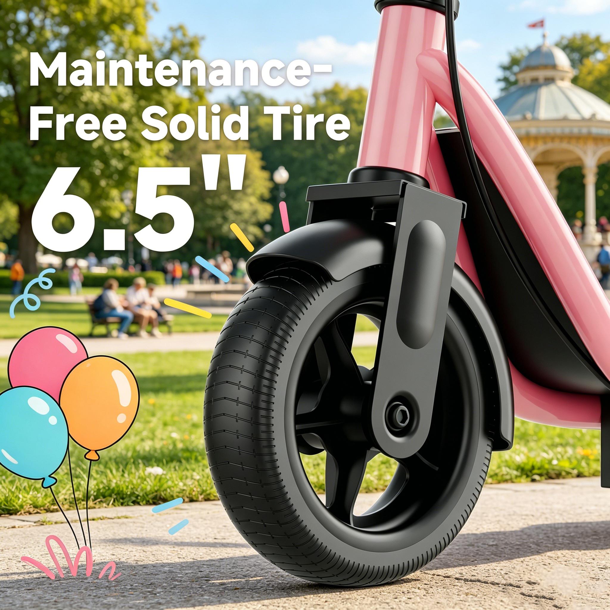 A Kids Electric Scooter with 250W Motor 3 Speed Modes Up to 9 MPH 6.5" Solid Tires Lightweight Safe Stable Ride for Boys Girls Outdoor Fun