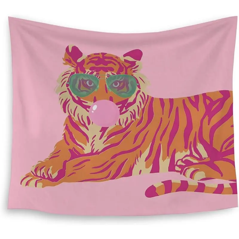 Preppy Look Orange-Coquette Pink Animal Print Tiger Tapestry - Decorative Indoor Home Decor, School Back to School Dorm Wall Accessory for Girls
