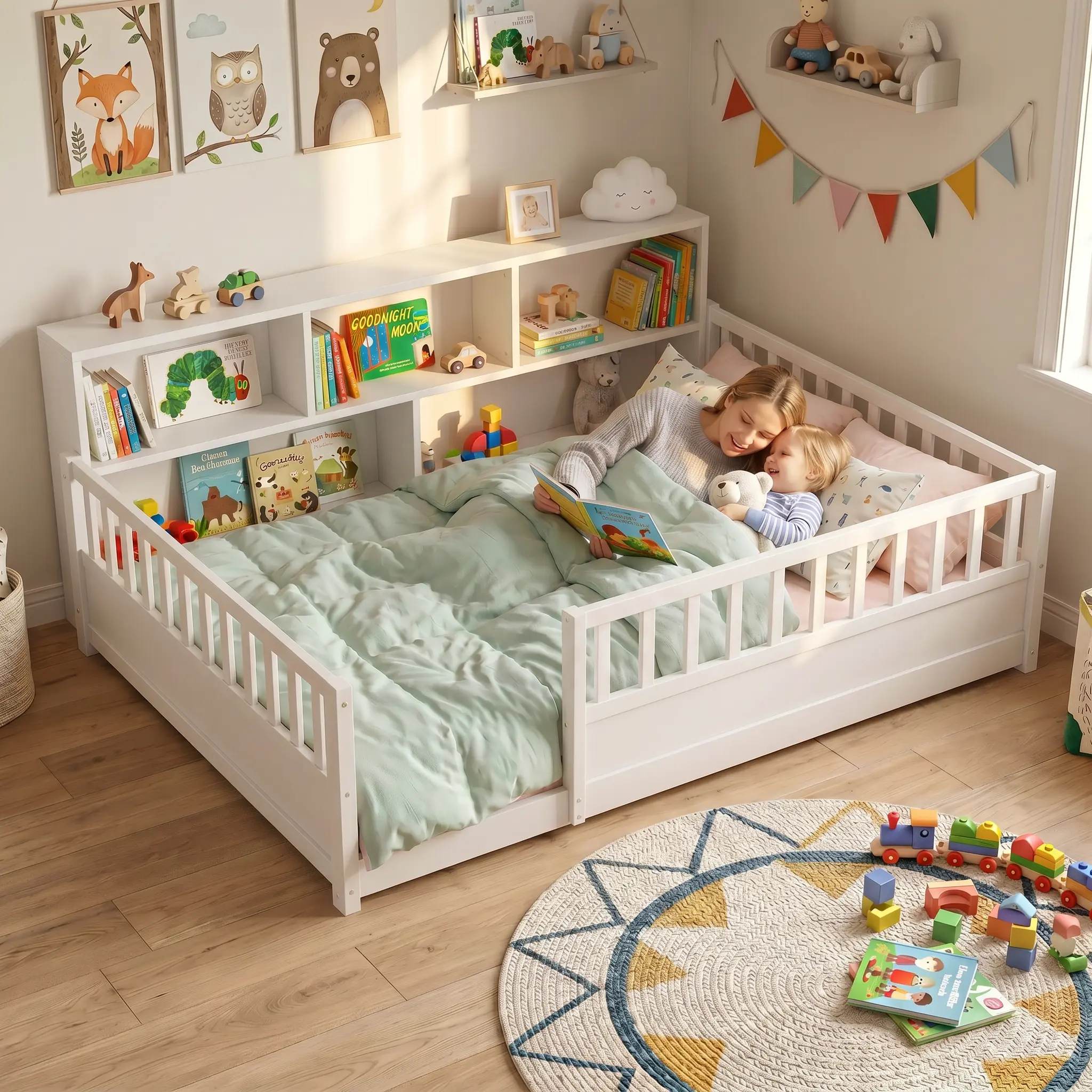 IHUESHO Full Size Floor Bed with 21.4" High Solid Guardrail & 2-Tier Storage Cabinet, Premium Pine Wood Bed Frame for Kids, Boys and Girls Room Transition, White