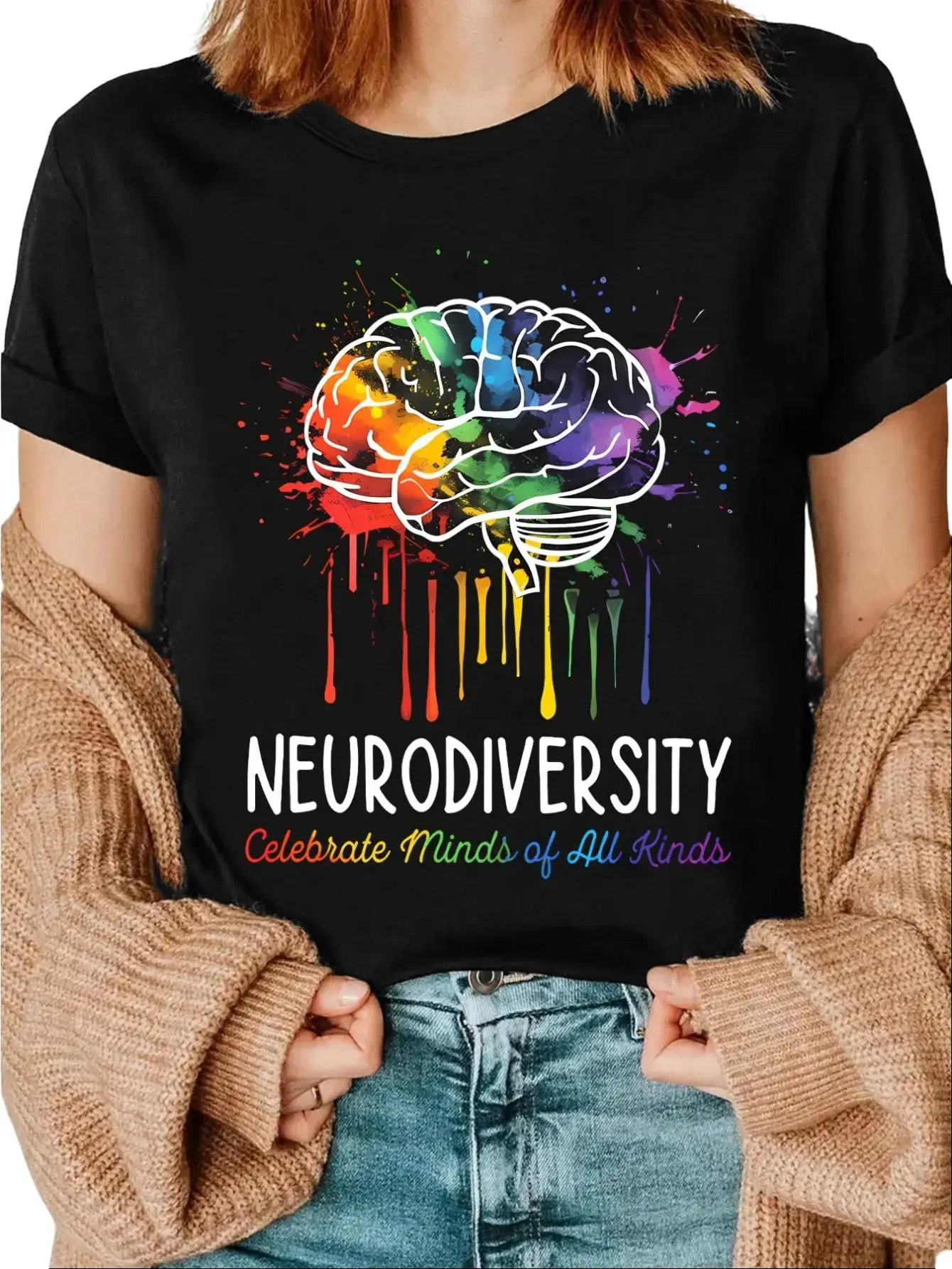 Women's Comfortable Short-Sleeve Polyester Tops - Colorful Brain Print, Neurodiversity Support, Autism Acceptance Apparel for Special Education Teachers (Unisex-Friendly), Shortsleeve