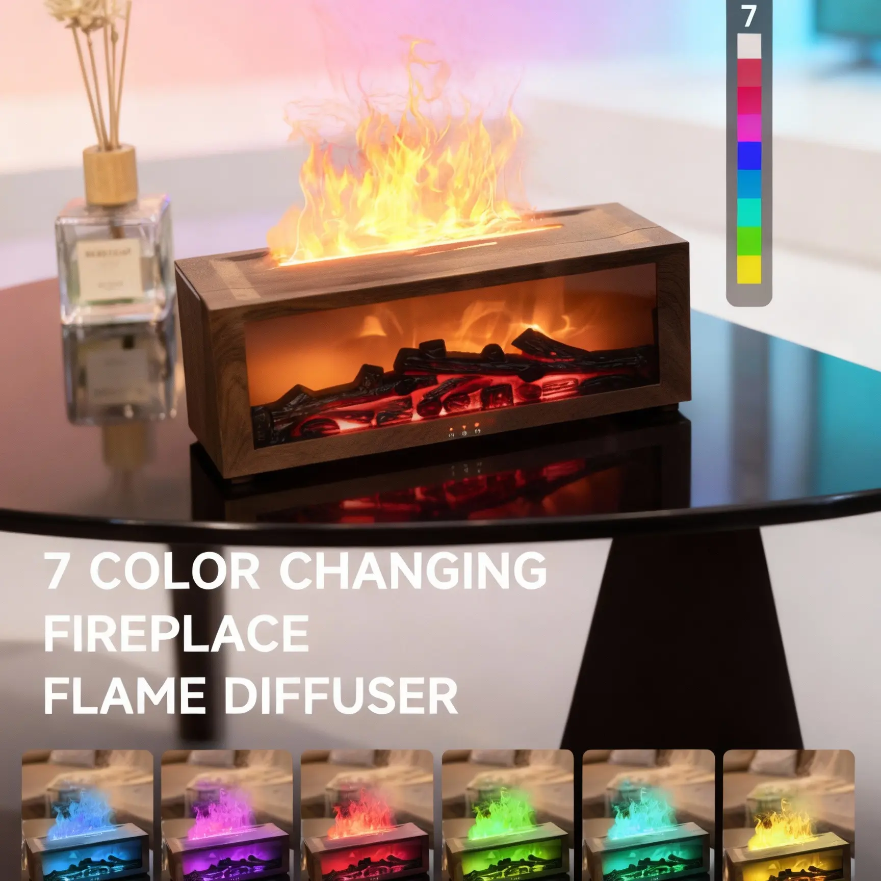 A4 Seven-Color Flame Aromatherapy Diffuser, Cool Mist Humidifiers, Air Humidifier, 150ML USB Cool Mist Fireplace Flame Humidifier with Timer and Automatic Shut Off, Quiet Design for Bedroom Office Home