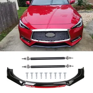 Gloss Black+Red Front Bumper Lip Splitter + Strut Rods For Infiniti Q50 Q50s Q60