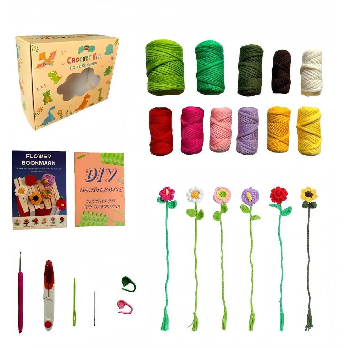 FJ Four Joys Crochet Kit for Beginners with Yarns, Hooks and Step-by-Step Video Tutorials, 6 Flower Bookmarks Beginner Crochet Kit for Adults, Craft Kit and Gift for Teenagers
