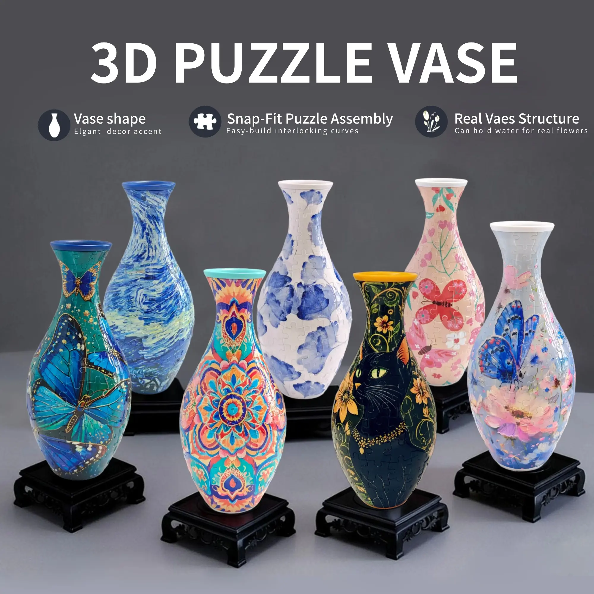 SLOPPYHLA Plastic 3D Jigsaw Puzzle Vase for Adults, 160-Piece DIY Snap-Fit Creative Art Craft, Unique Real Vase Structure for House Decoration (Home Office Use)