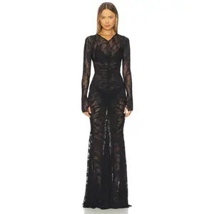 Norma Kamali Long Sleeve V Neck Shirred Front Fishtail Gown in Black