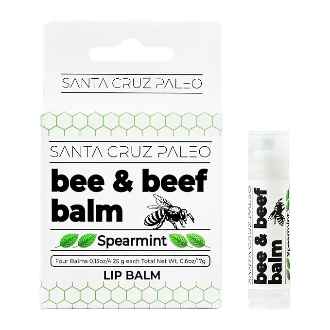 Santa Cruz Paleo Grass Fed Beef Tallow & Beeswax Lip Balm (Spearmint) - 4 Pack - Beef Tallow for Long Lasting Lip Moisture, Hypoallergenic for Sensitive Skin, Vitamin Rich