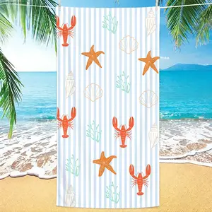 Nautical Print Microfiber Bath Towel Striped Ocean Pattern Red Lobsters Starfish Seashells Fast Drying Swim Towel
