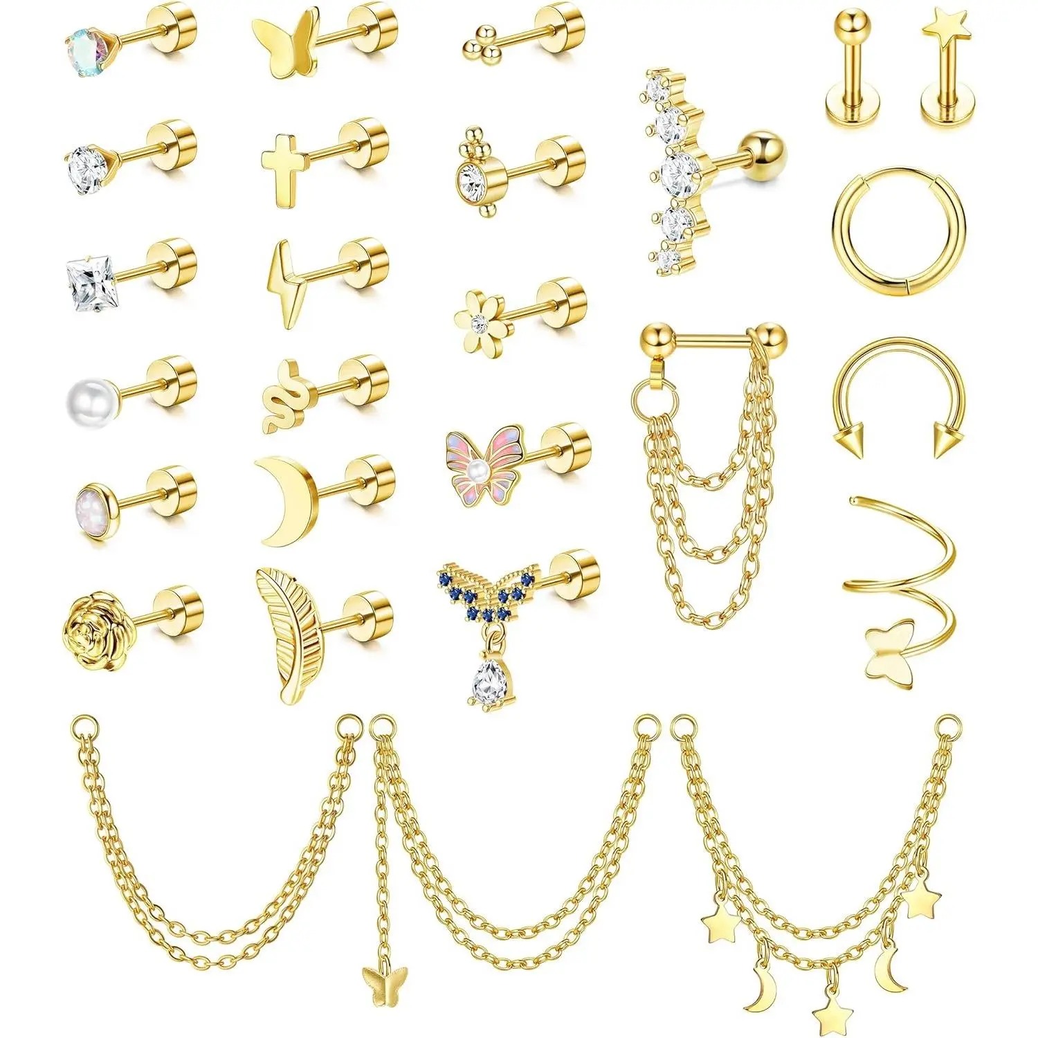 YADOCA 27Pcs 16G Unisex Hypoallergenic Surgical Steel Flat Back Earrings Set - Dainty Chain Dangle Studs for Cartilage, Tragus Piercings, Dainty Fashion Jewelry